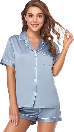 Women's Satin Pajama Set 2-Piece Sleepwear Loungewear Button Down Short Sleeve Silky PJ Set