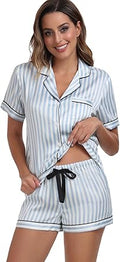 Women's Satin Pajama Set 2-Piece Sleepwear Loungewear Button Down Short Sleeve Silky PJ Set