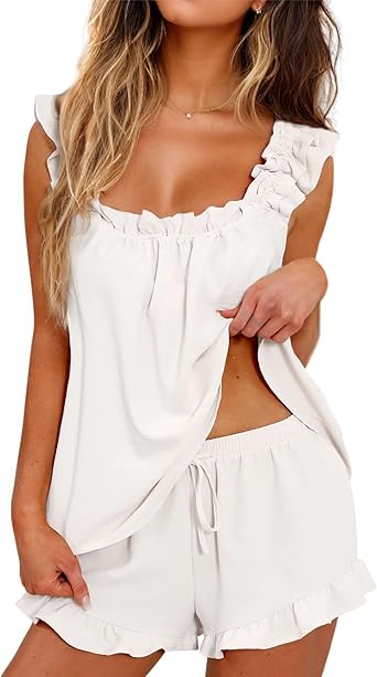 Womens Pajamas Set 2 Piece Ruffle Pj Soft Tank Top and Shorts Sleepwear Set Bridal Pajama for Women Set