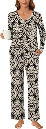 Women's Pajama Set, 2 Piece Lounge Outfits V Neck Sleepwear Fall Long Sleeve Long Pants With Pockets Ladies Pjs
