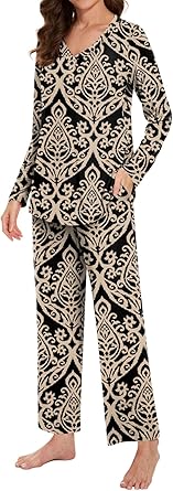 Women's Pajama Set, 2 Piece Lounge Outfits V Neck Sleepwear Fall Long Sleeve Long Pants With Pockets Ladies Pjs
