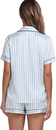 Women's Satin Pajama Set 2-Piece Sleepwear Loungewear Button Down Short Sleeve Silky PJ Set