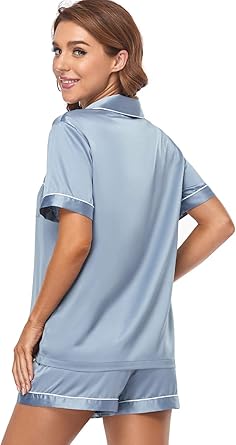 Women's Satin Pajama Set 2-Piece Sleepwear Loungewear Button Down Short Sleeve Silky PJ Set