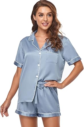Women's Satin Pajama Set 2-Piece Sleepwear Loungewear Button Down Short Sleeve Silky PJ Set