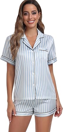 Women's Satin Pajama Set 2-Piece Sleepwear Loungewear Button Down Short Sleeve Silky PJ Set