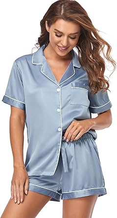 Women's Satin Pajama Set 2-Piece Sleepwear Loungewear Button Down Short Sleeve Silky PJ Set