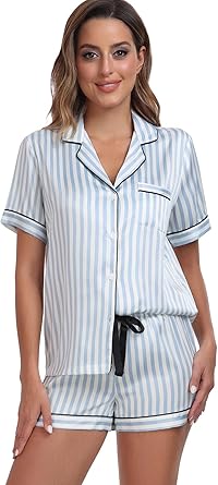 Women's Satin Pajama Set 2-Piece Sleepwear Loungewear Button Down Short Sleeve Silky PJ Set