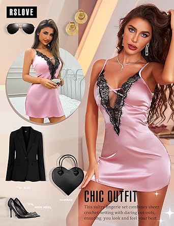 Women's Lingerie Sexy Nightgown - Satin Lace Babydoll Deep V Chemise Full Slips Nightie Sleepwear
