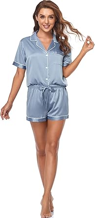 Women's Satin Pajama Set 2-Piece Sleepwear Loungewear Button Down Short Sleeve Silky PJ Set