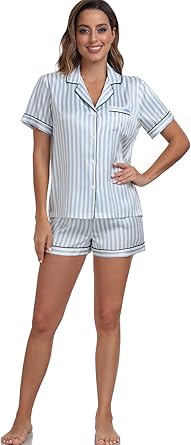 Women's Satin Pajama Set 2-Piece Sleepwear Loungewear Button Down Short Sleeve Silky PJ Set